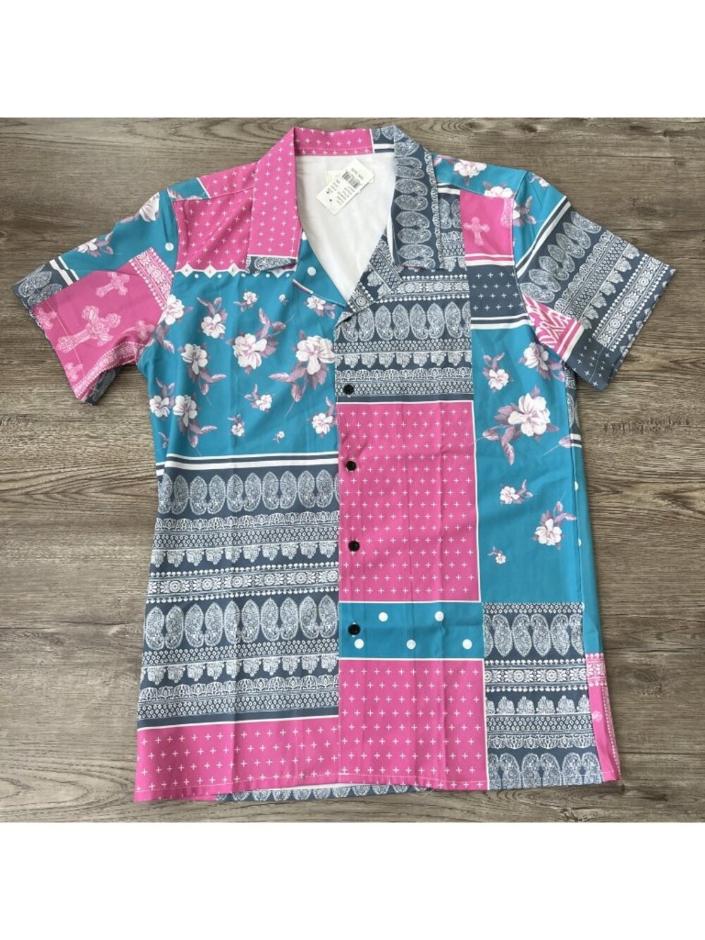 PacSun Camp Shirt Mens S Pink Teal Patchwork Bandana Floral Short Sleeve NWT